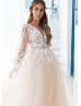 Pearl Embellished Ivory Lace Champagne Tulle Bohemian Wedding Dress